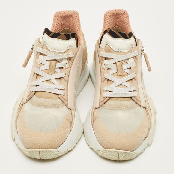 Fendi Flow Size 39.5 Beige/white Fabric And Suede Lace Up Sneakers